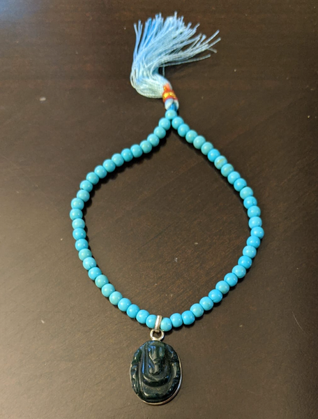 Blue Turquoise Japamala with Green Jade Ganesha Pendant – 54 beads