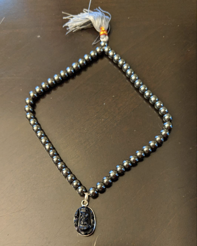 HEMATITE JAPAMALA WITH LABRADORITE GANESHA PENDANT – 54 BEADS