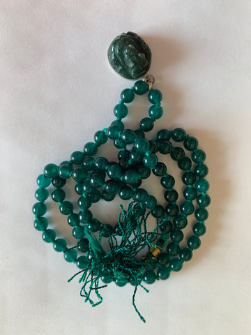Green Jade Mala with Ganesha (108 Beads on Knotted Thread) – 9MM